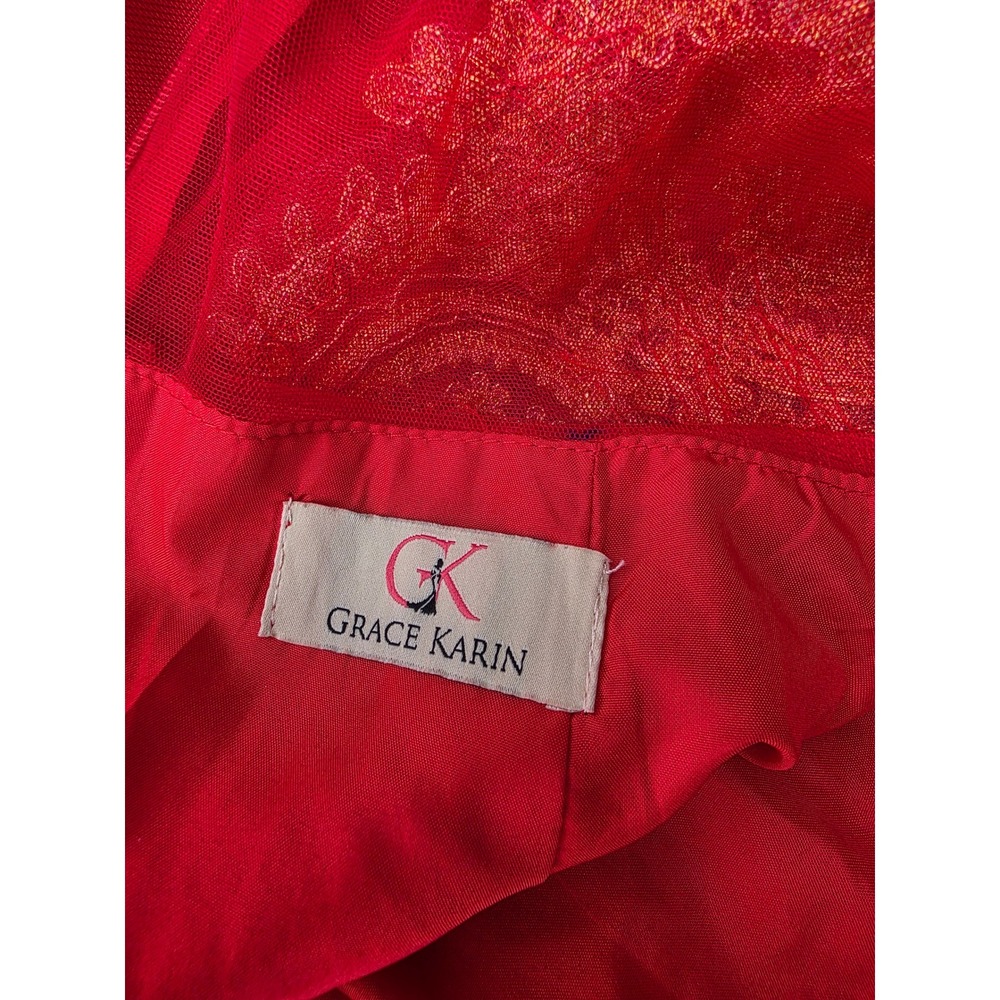 Grace Karin Red Gold Lace Embroidered Evening Gown Sleeveless Formal Prom Dress - Picture 9 of 10